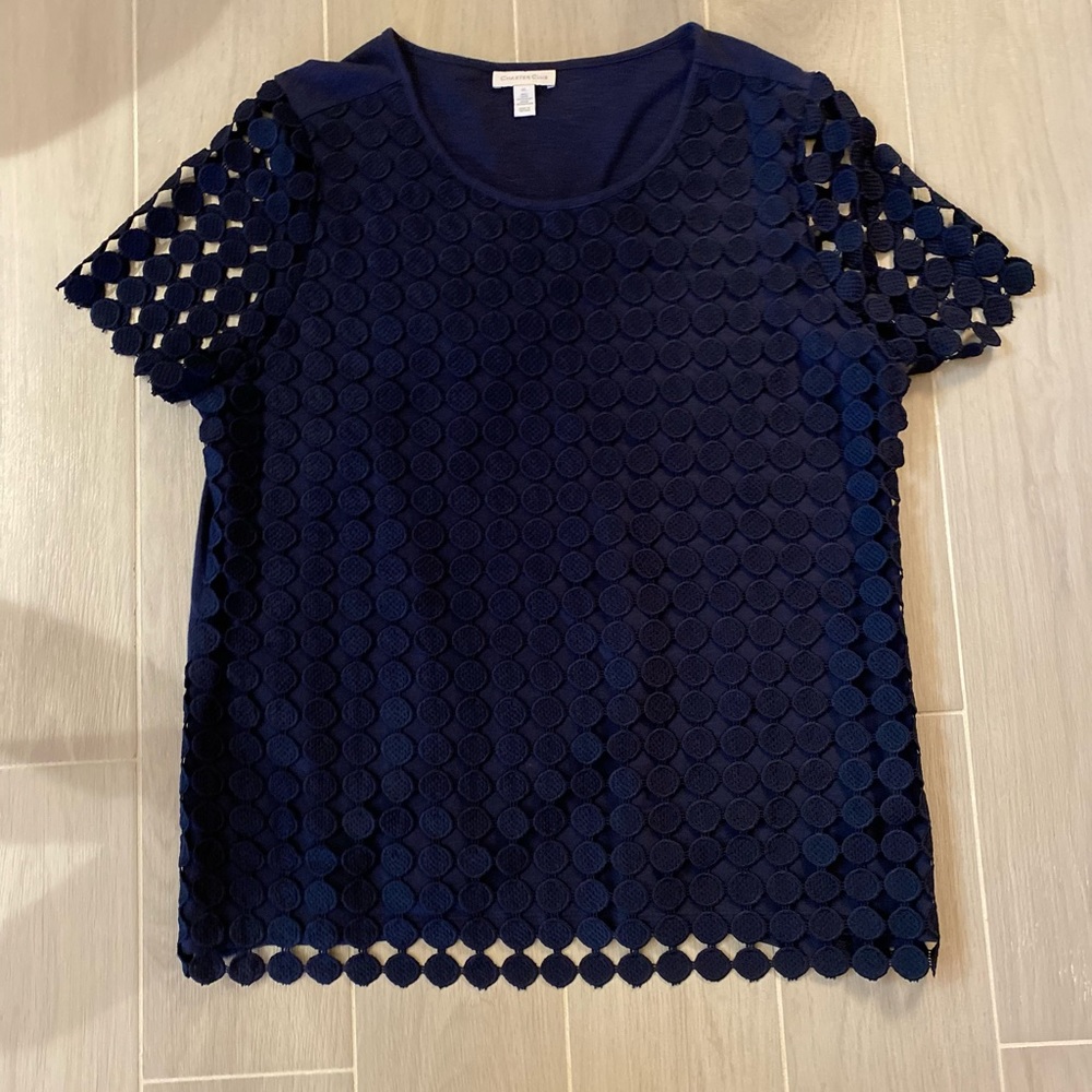 Charter Club navy blue tunic tee with lace dot overlay